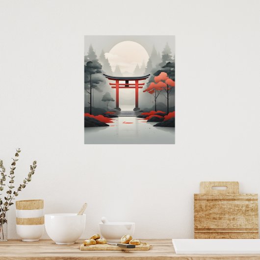 Tranquil Dawn: Een sereen Japans landschap Poster (Keuken)