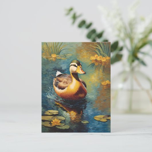 Tranquil Duck Op Een Vijver Artistiek Schilderij Briefkaart (Staand voorkant)