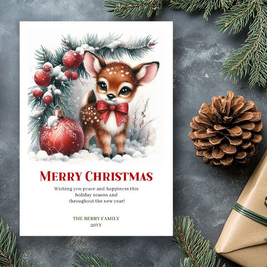 Tranquil Fawn Snowy Forest Christmas Greeting Card Feestdagenkaart
