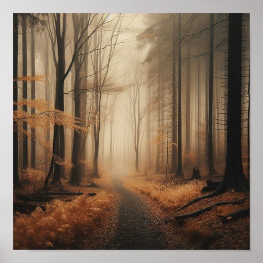 Tranquil Foggy Trail Through Golden Autumn Poster (Voorkant)