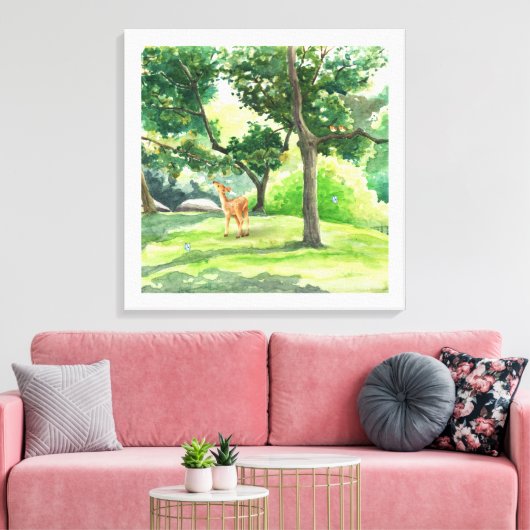 Tranquil Forest Herten Waterverf Kunst Canvas Afdruk (Insitu (Woonkamer))