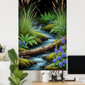 🌿 Tranquil Forest Stream with Wildflowers 💜✨ Poster (Thuiskantoor)