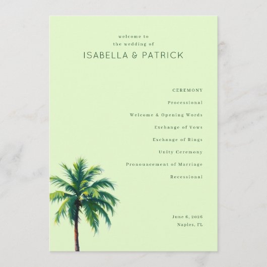 Tranquil Green Palm Tree Wedding Ceremony Schedule Programmakaart (Voorkant)
