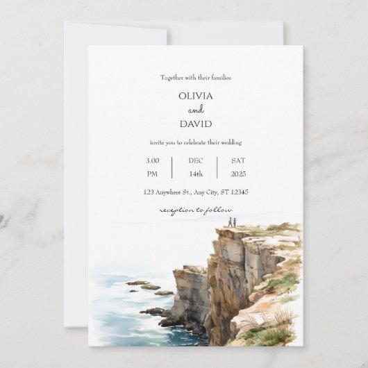 Tranquil Kustkliffen Waterverf Strand Bruiloft Kaart (Voorkant)