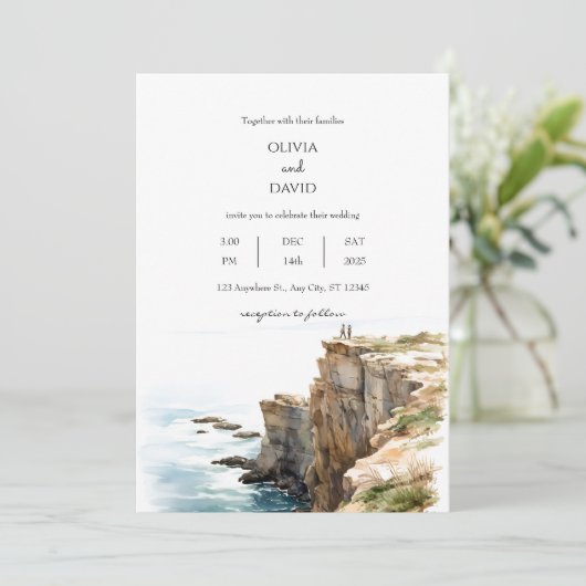 Tranquil Kustkliffen Waterverf Strand Bruiloft Kaart (Staand voorkant)