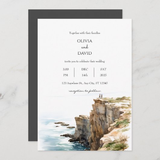 Tranquil Kustkliffen Waterverf Strand Bruiloft Kaart (Voorkant / Achterkant)
