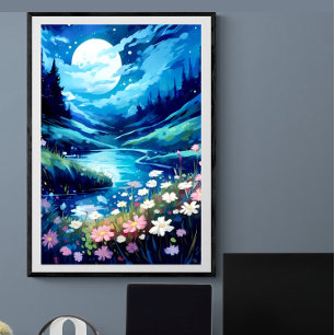 Tranquil maan nacht bloemenstroom landschap   AI Poster
