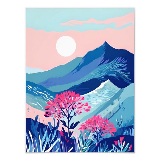 Tranquil Mountain Sunset met roze bloemen Foto Afdruk (Voorkant)