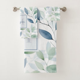 Tranquil Oasis Waterverf Bladeren Monogram & Naam Bad Handdoek