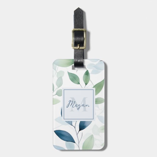 Tranquil Oasis Waterverf Bladeren Monogram & Naam Bagagelabel (Voorkant verticaal)
