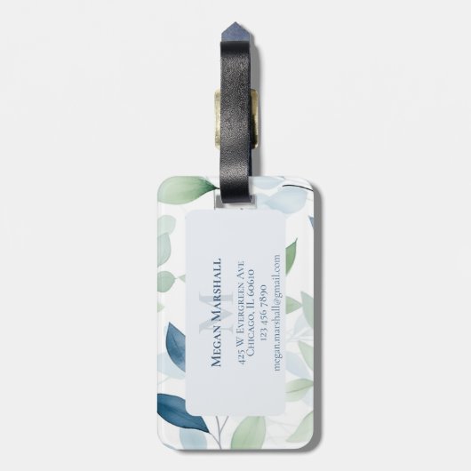 Tranquil Oasis Waterverf Bladeren Monogram & Naam Bagagelabel (Achterkant verticaal)