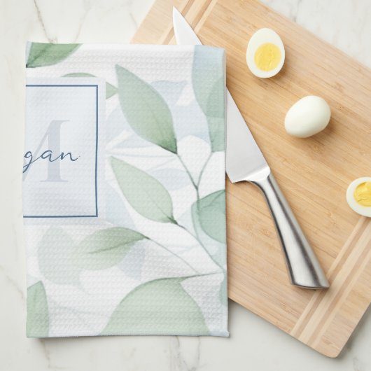 Tranquil Oasis Waterverf Bladeren Monogram & Naam Theedoek (Quarter Fold)