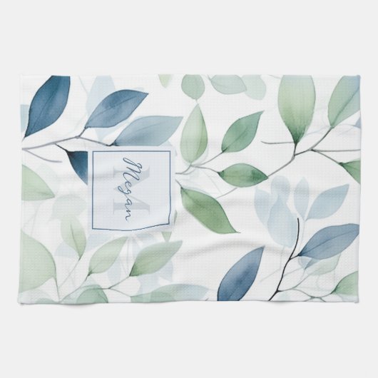 Tranquil Oasis Waterverf Bladeren Monogram & Naam Theedoek (Horizontaal)