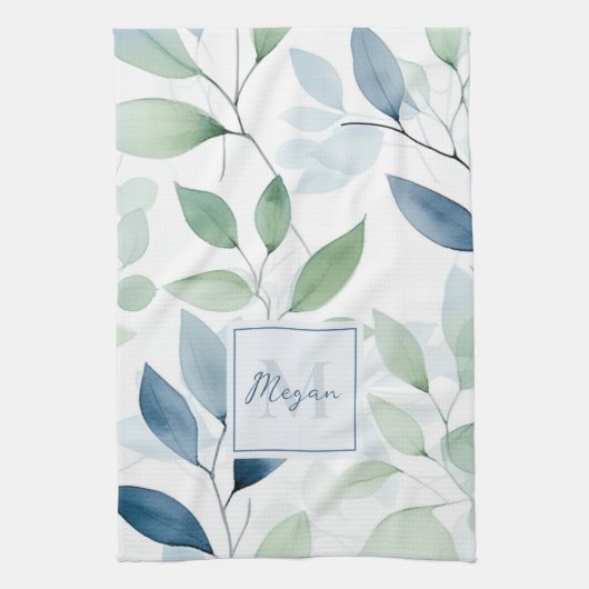 Tranquil Oasis Waterverf Bladeren Monogram & Naam Theedoek (Verticaal)
