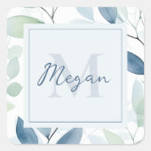 Tranquil Oasis Waterverf Bladeren Monogram & Naam Vierkante Sticker (Voorkant)