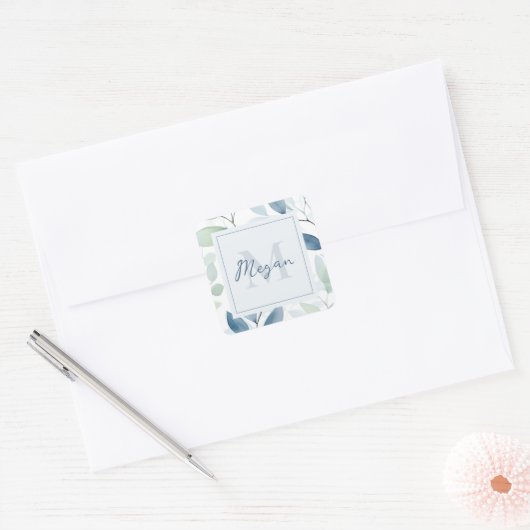Tranquil Oasis Waterverf Bladeren Monogram & Naam Vierkante Sticker (Envelop)