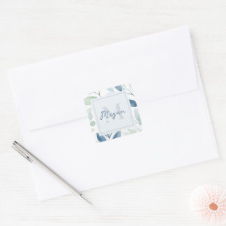 Tranquil Oasis Waterverf Bladeren Monogram & Naam Vierkante Sticker