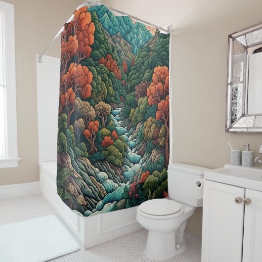 "Tranquil Peaks: Japans landschap douche gordijn (In situ)