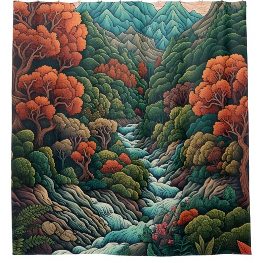 "Tranquil Peaks: Japans landschap douche gordijn (Voorkant)