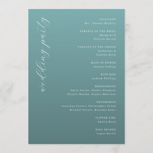 Tranquil Teal Wedding Ceremony Schedule Programmakaart (Achterkant)