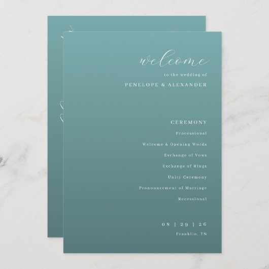 Tranquil Teal Wedding Ceremony Schedule Programmakaart (Voorkant / Achterkant)