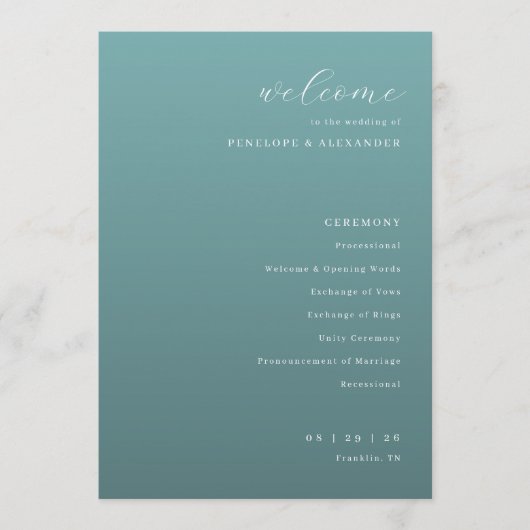 Tranquil Teal Wedding Ceremony Schedule Programmakaart (Voorkant)