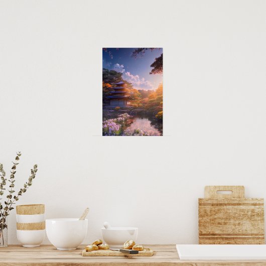 Tranquil Temple op de Riverbank Poster (Keuken)