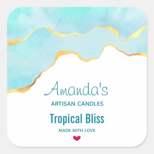 Tranquil Tropical Green & Gold Border Candle Biz Vierkante Sticker (Voorkant)