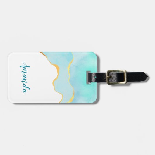 Tranquil Tropisch Groen Blauw met Gold Border Bagagelabel (Voorkant horizontaal)