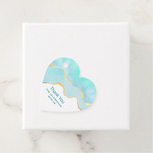 Tranquil Tropisch Groen Blauw met Gold Border Bedankjes Labels (In situ)