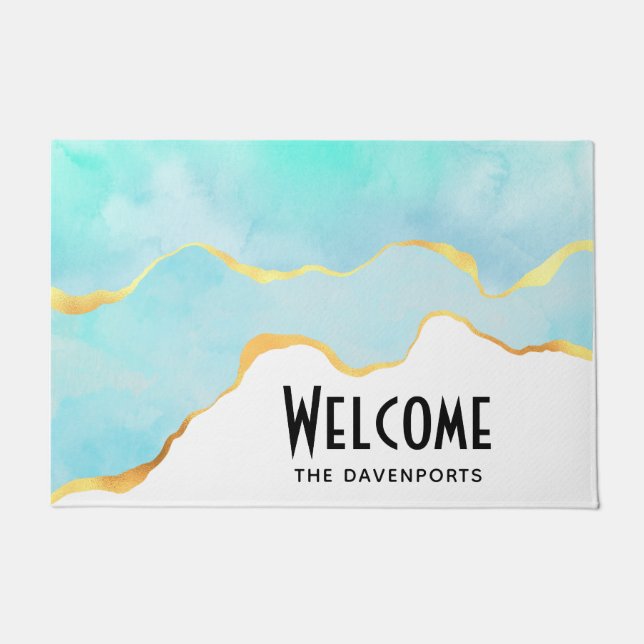 Tranquil Tropisch Groen Blauw met Gold Border Deurmat (Voorkant)