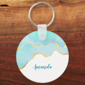 Tranquil Tropisch Groen Blauw met Gold Border Sleutelhanger (Voorkant)