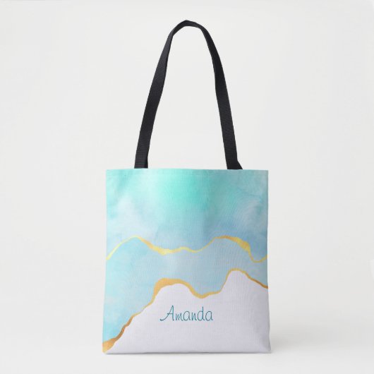 Tranquil Tropisch Groen Blauw met Gold Border Tote Bag (Voorkant)