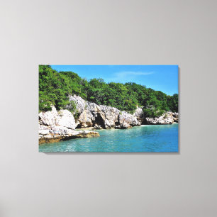 Tranquil Tropische Shoreline met grotten Canvas Afdruk