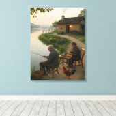 Tranquil Village Morning by the Lake Wall Art Canvas Afdruk (Insitu (Houten vloer))