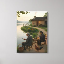 Tranquil Village Morning by the Lake Wall Art Canvas Afdruk