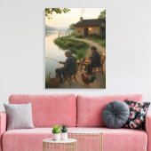 Tranquil Village Morning by the Lake Wall Art Canvas Afdruk (Insitu (Woonkamer))