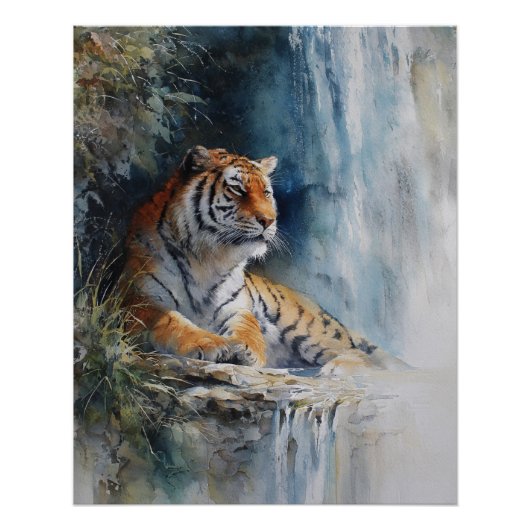 Tranquil Waterfall Tiger Misty Cliff Art Perfect Poster (Voorkant)