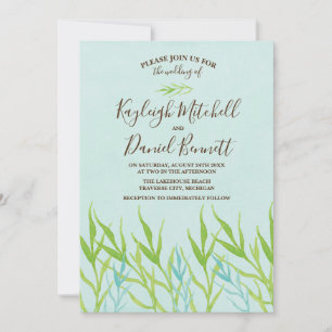 Tranquil Waters Lake Beach Ocean Greenery Wedding Kaart