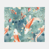 Tranquil Waters: Waterverf Koi Vis Patroon Fleece Deken (Voorkant (Horizontaal))