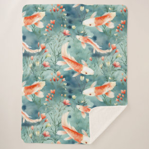 Tranquil Waters: Waterverf Koi Vis Patroon Sherpa Deken