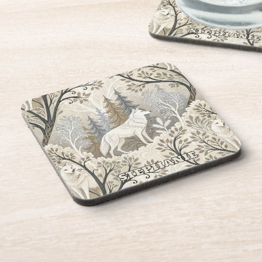 Tranquil Winter Forest Scene with White Wolves Bier Onderzetter (Linkerzijde)