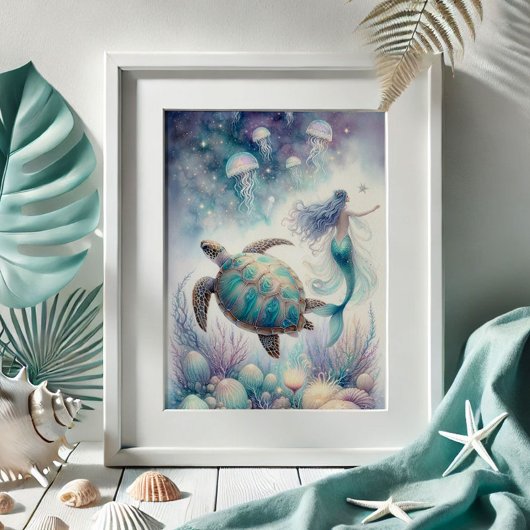 Tranquil Zee Schildpad & Zeemeermin Wandkunst Poster