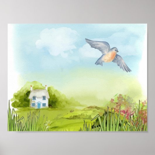 Tranquilblauwe vogel en kleine huisherrie poster (Voorkant)