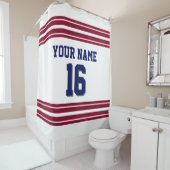 TRANS 2X Burgundy Stripes navy text Douchegordijn (In situ)