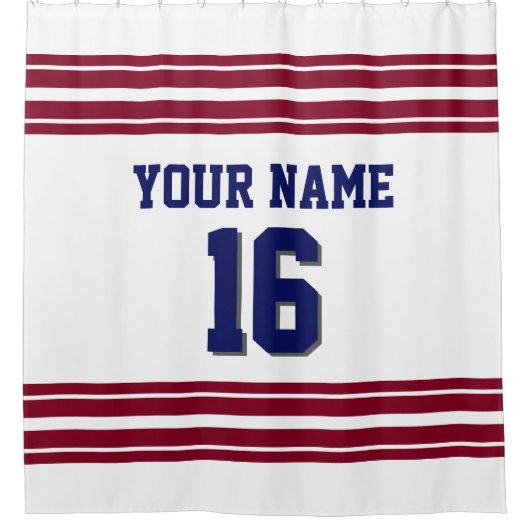 TRANS 2X Burgundy Stripes navy text Douchegordijn (Voorkant)