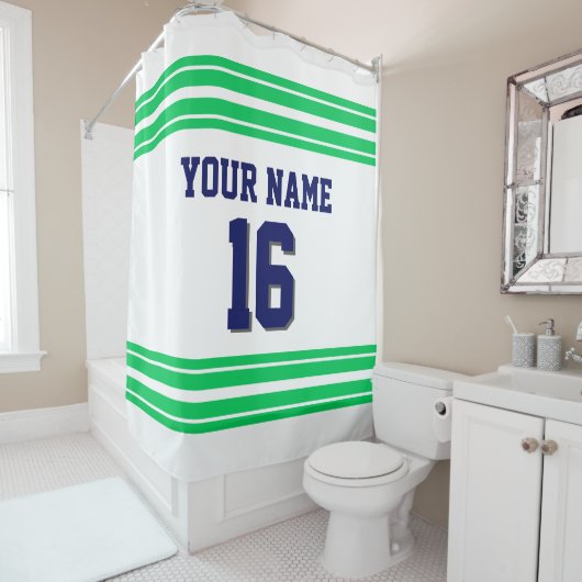 TRANS 2X Emerald Green Stripes marine Douchegordijn (In situ)