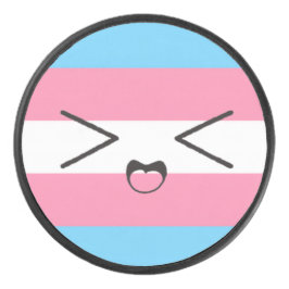 trans flag with cute excited face hockey puck