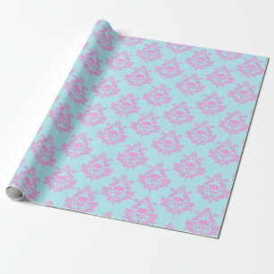 Trans Pink Skull Damask op blauw inpakpapier