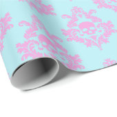 Trans Pink Skull Damask op blauw inpakpapier (Rol Hoek)